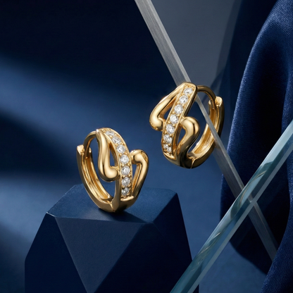 Modern Ribbon Gold Plated Studded Hoops