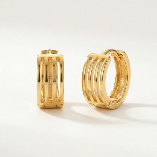 Linear Grid Gold Plated Hoops