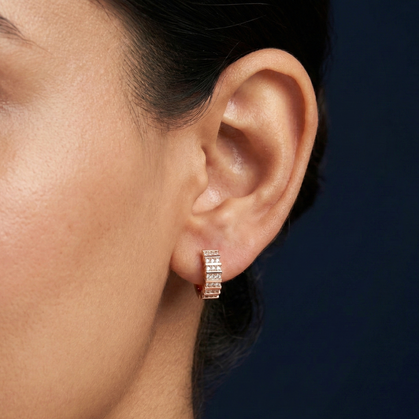 triple row rose gold plated studded hoops