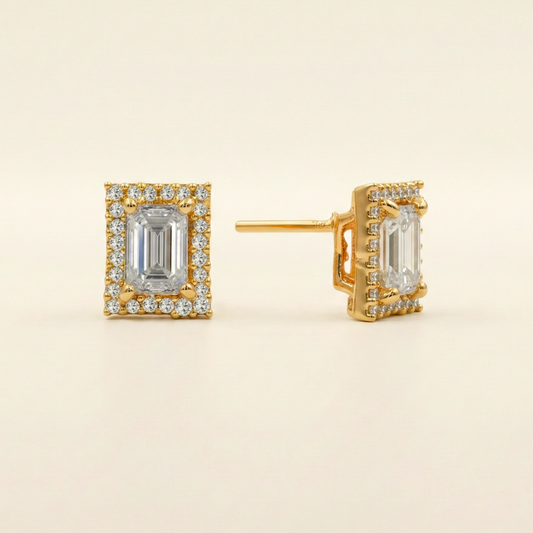 Emerald Cut Gold Plated Studs