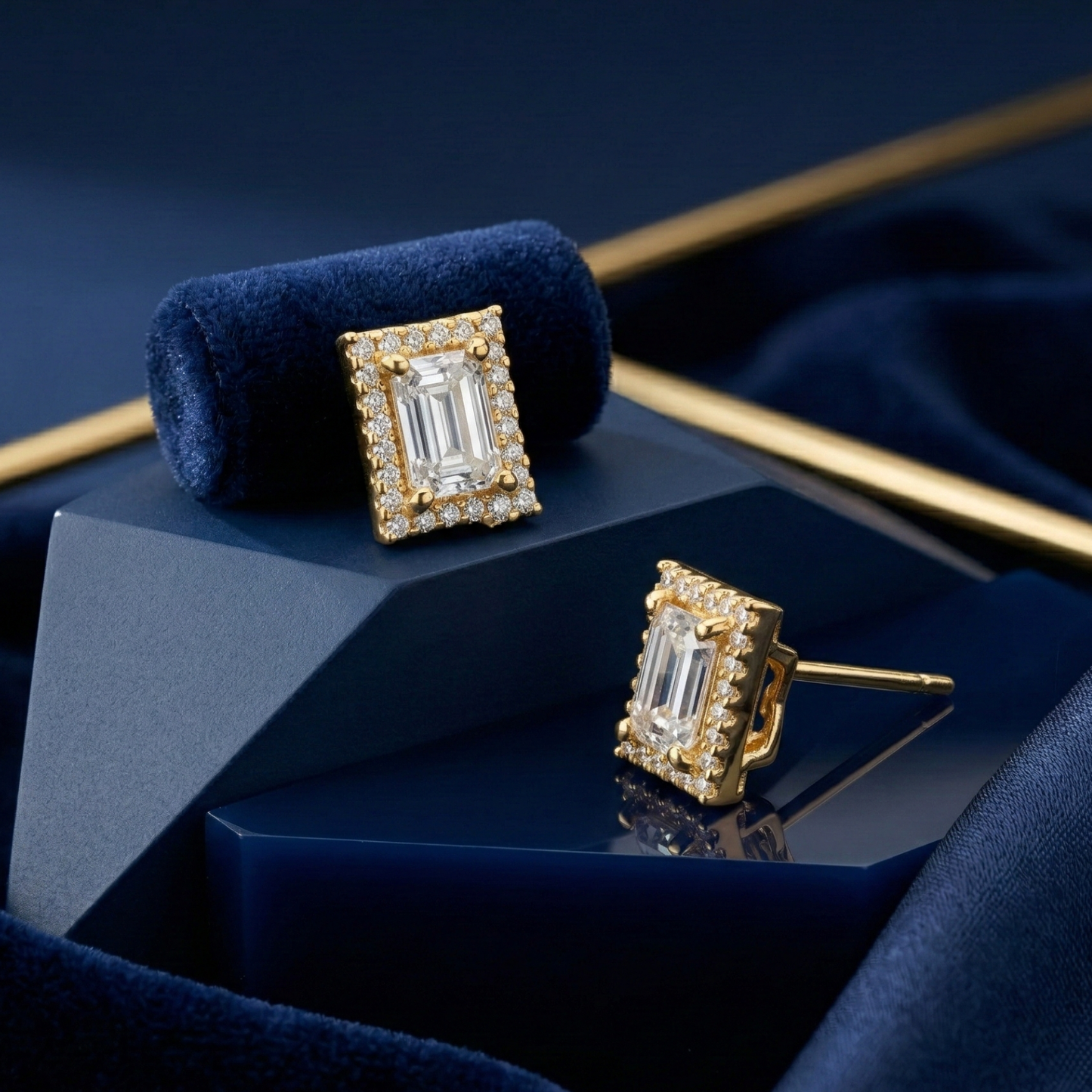emerald cut gold plated studs