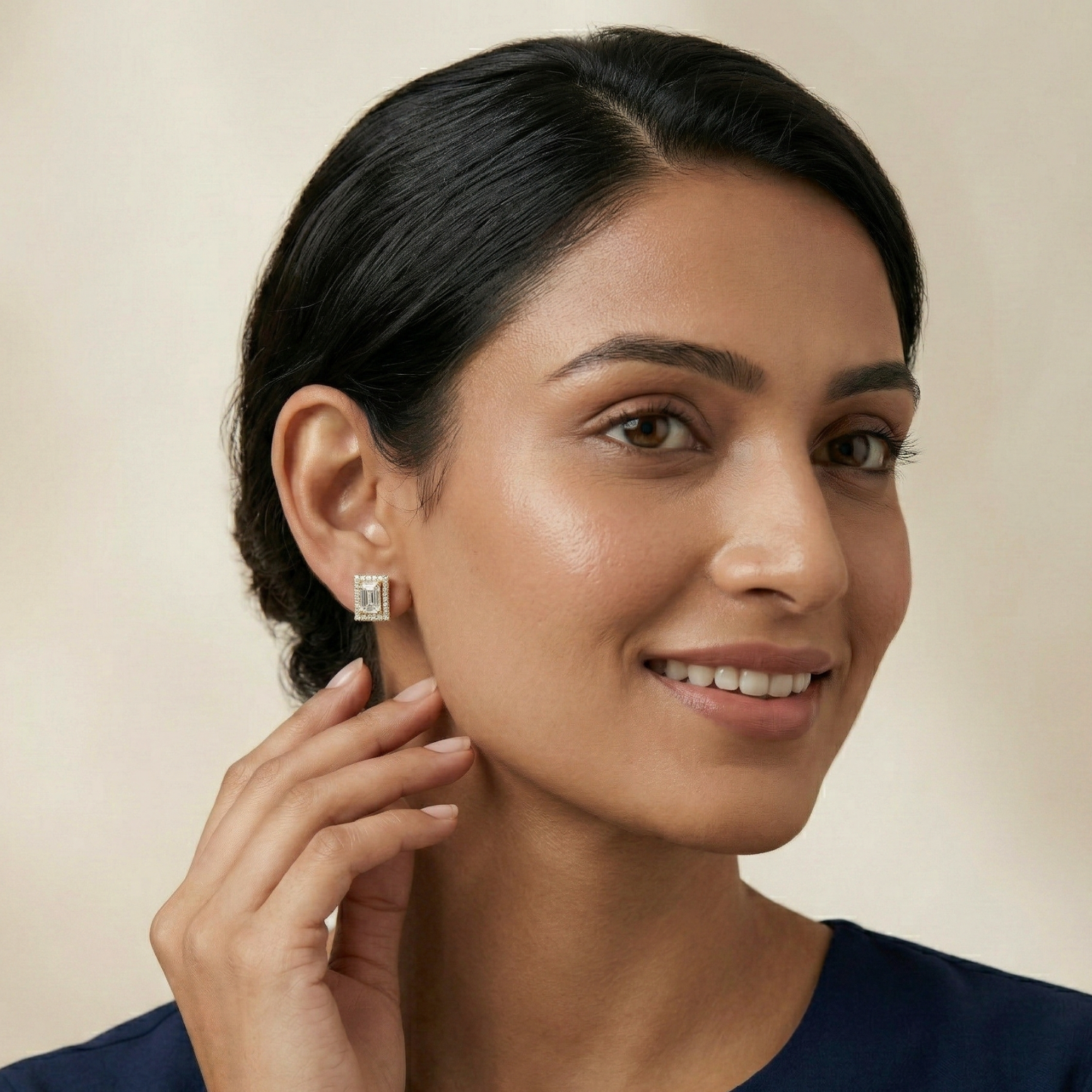 emerald cut gold plated studs