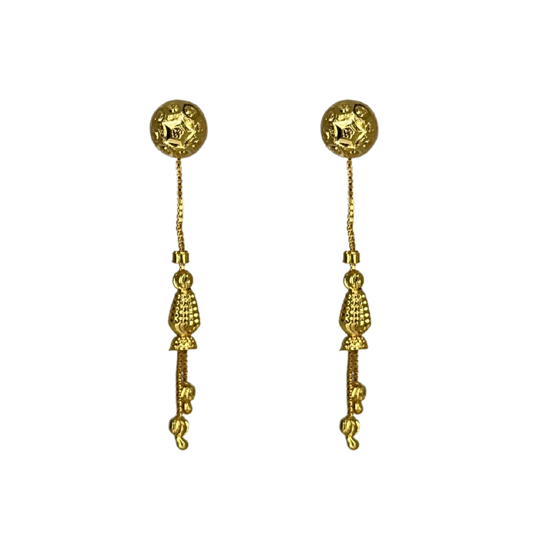Pair of nira kalyani gold plated sui dhaga earrings with intricate designs on a white background
