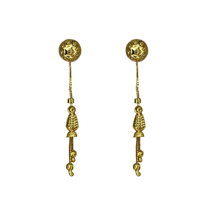 Pair of nira kalyani gold plated sui dhaga earrings with intricate designs on a white background