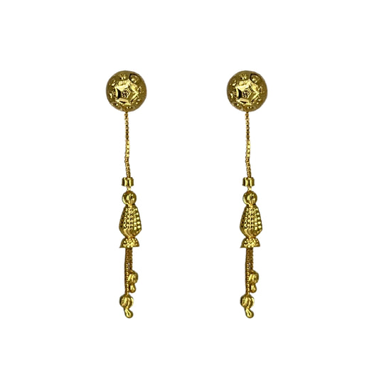 Pair of nira kalyani gold plated sui dhaga earrings with intricate designs on a white background