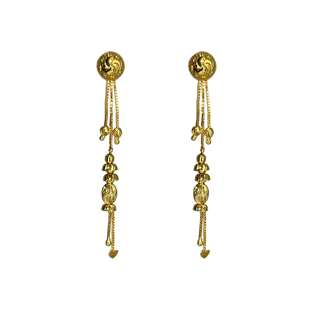 pair of nira kalyani gold plated sui dhaaga earrings with chain designs on a white background